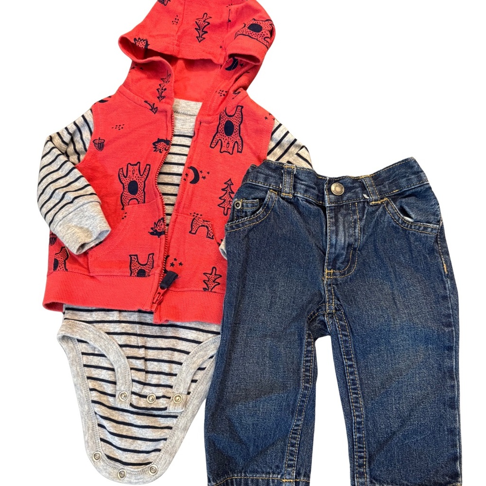 Carter's Coral Red Hooded Vest, Striped Long Sleeve Top and‎ Denim Jeans Sz 6mth - Picture 4 of 4